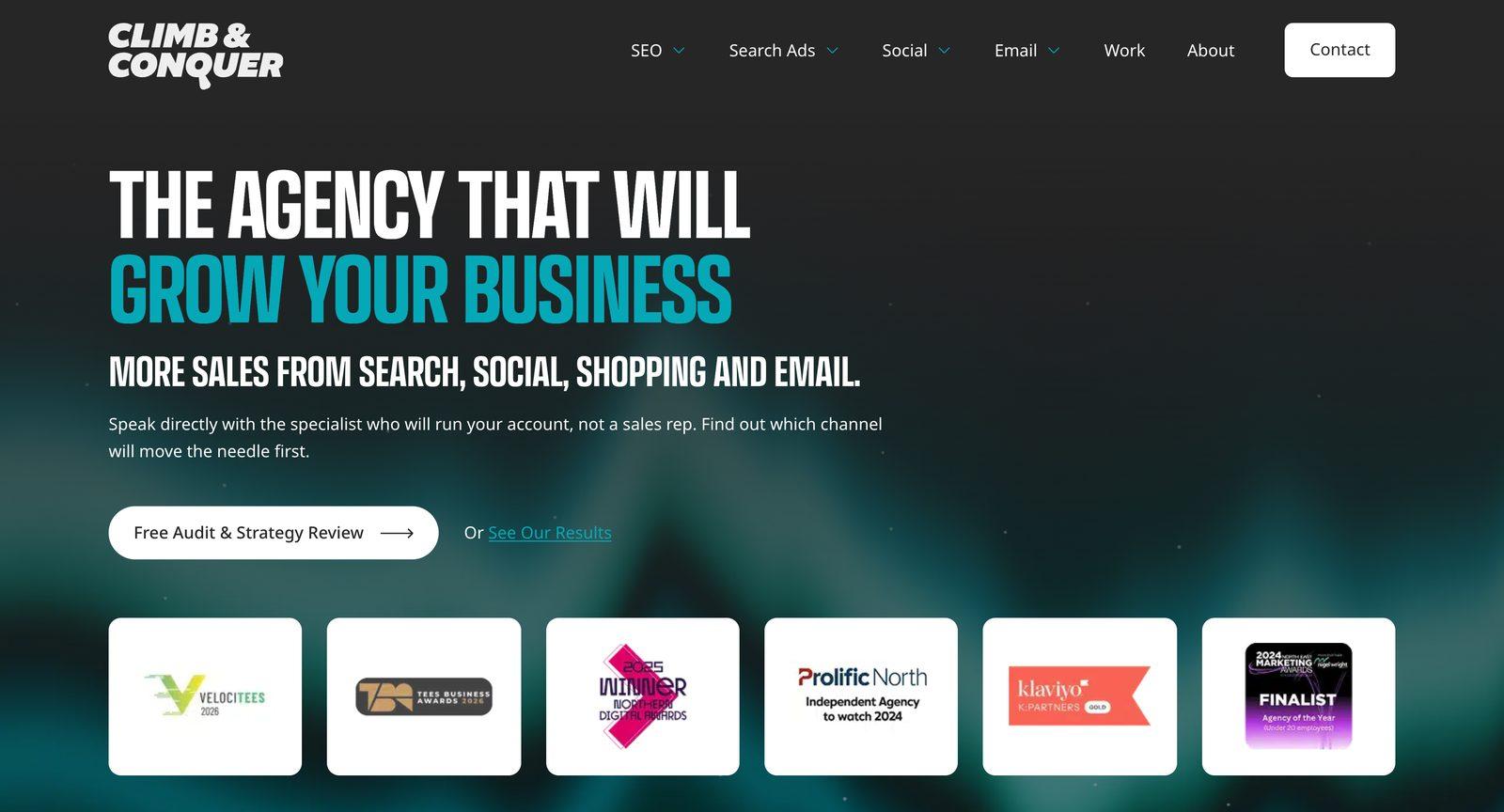 Climb & Conquer’s homepage: “The agency that will grow your business”, with their award badges