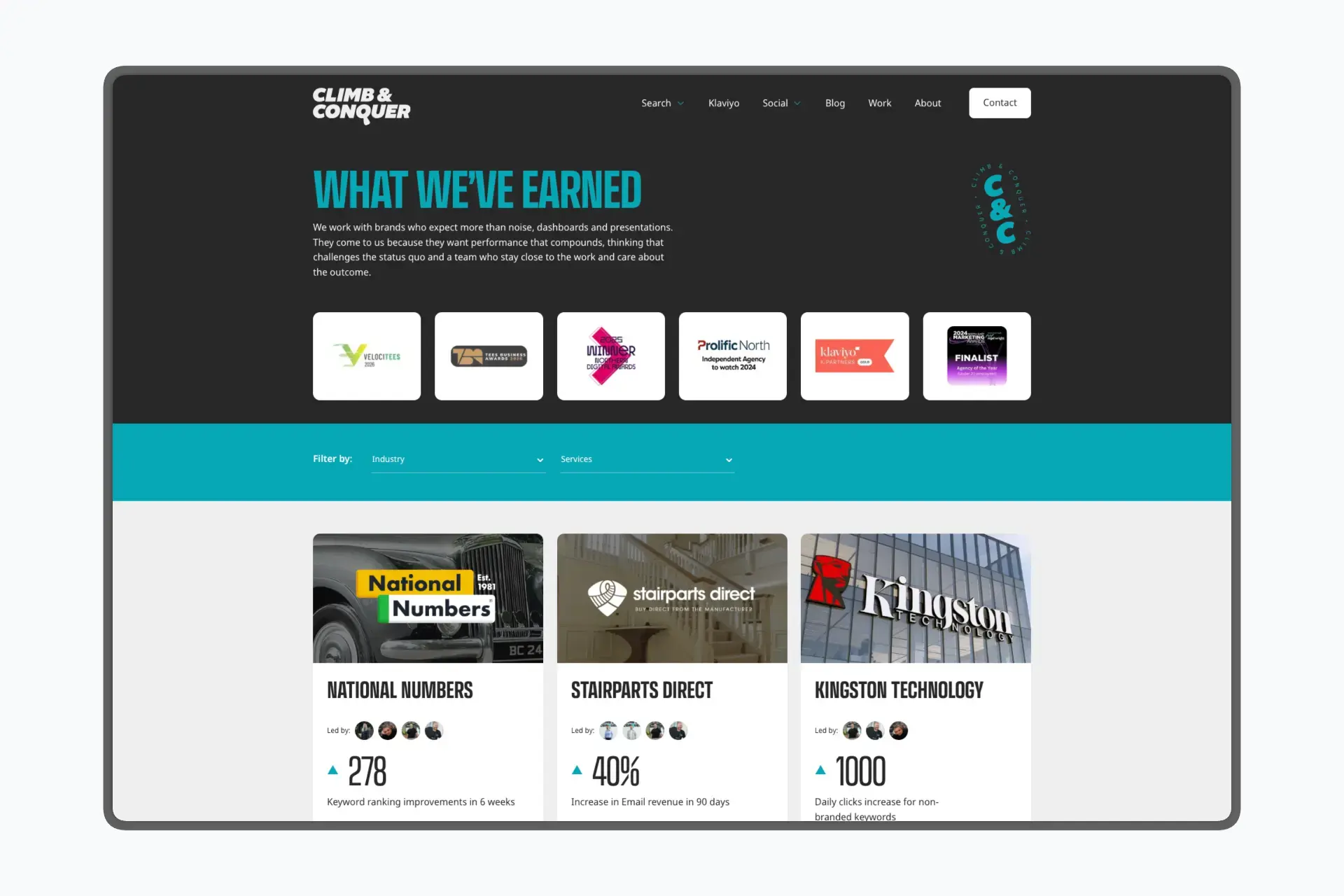 Work archive with award badges, industry and service filters, and client results featuring National Numbers, Stairparts Direct, and Kingston Technology