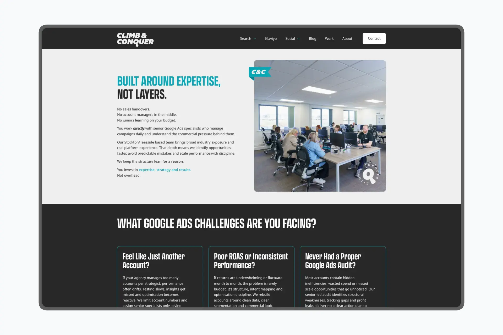 Service page with split layout, team photography with branded badge, and challenge-based content cards