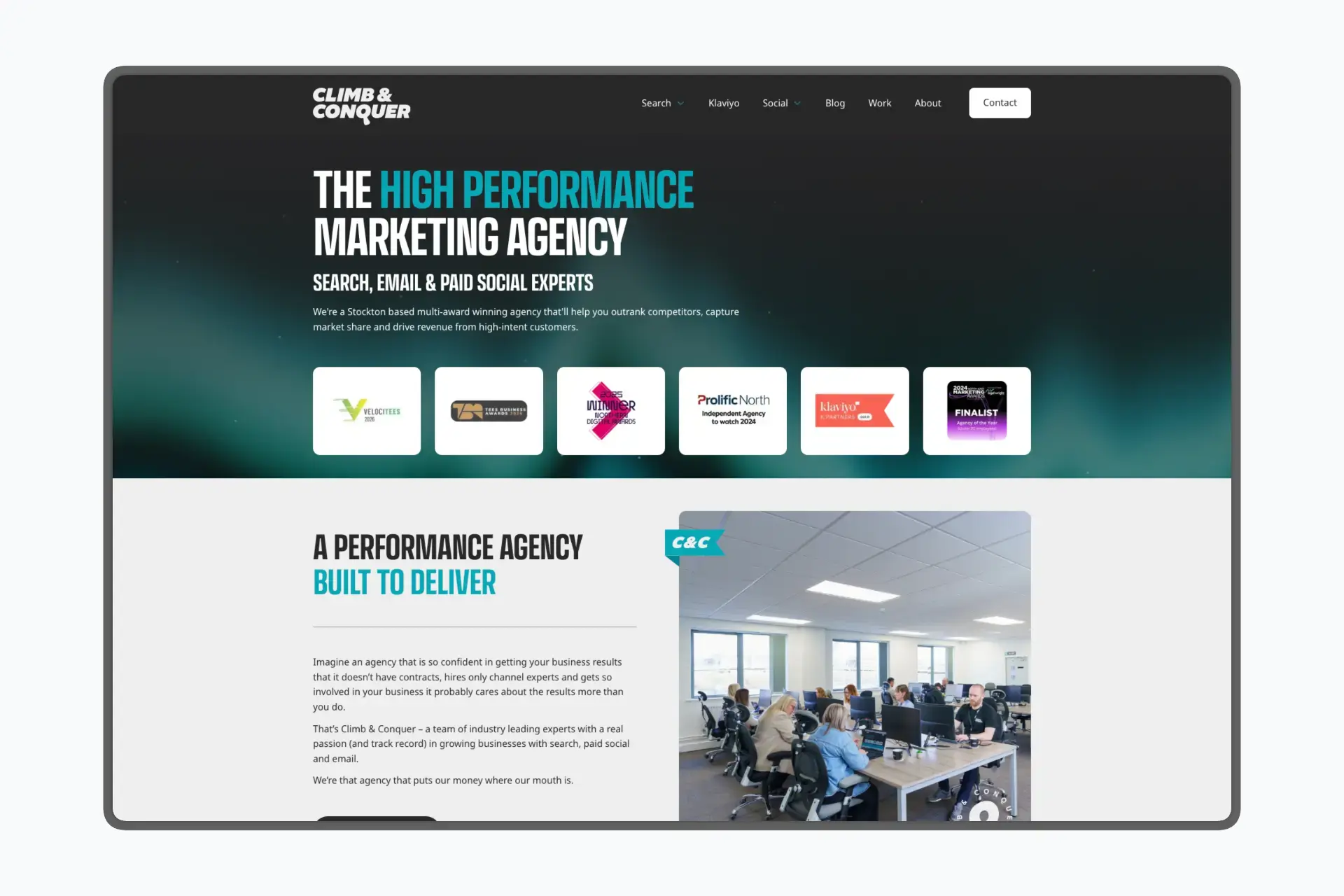 Homepage hero with bold typography, teal aurora background, award badges, and agency introduction section