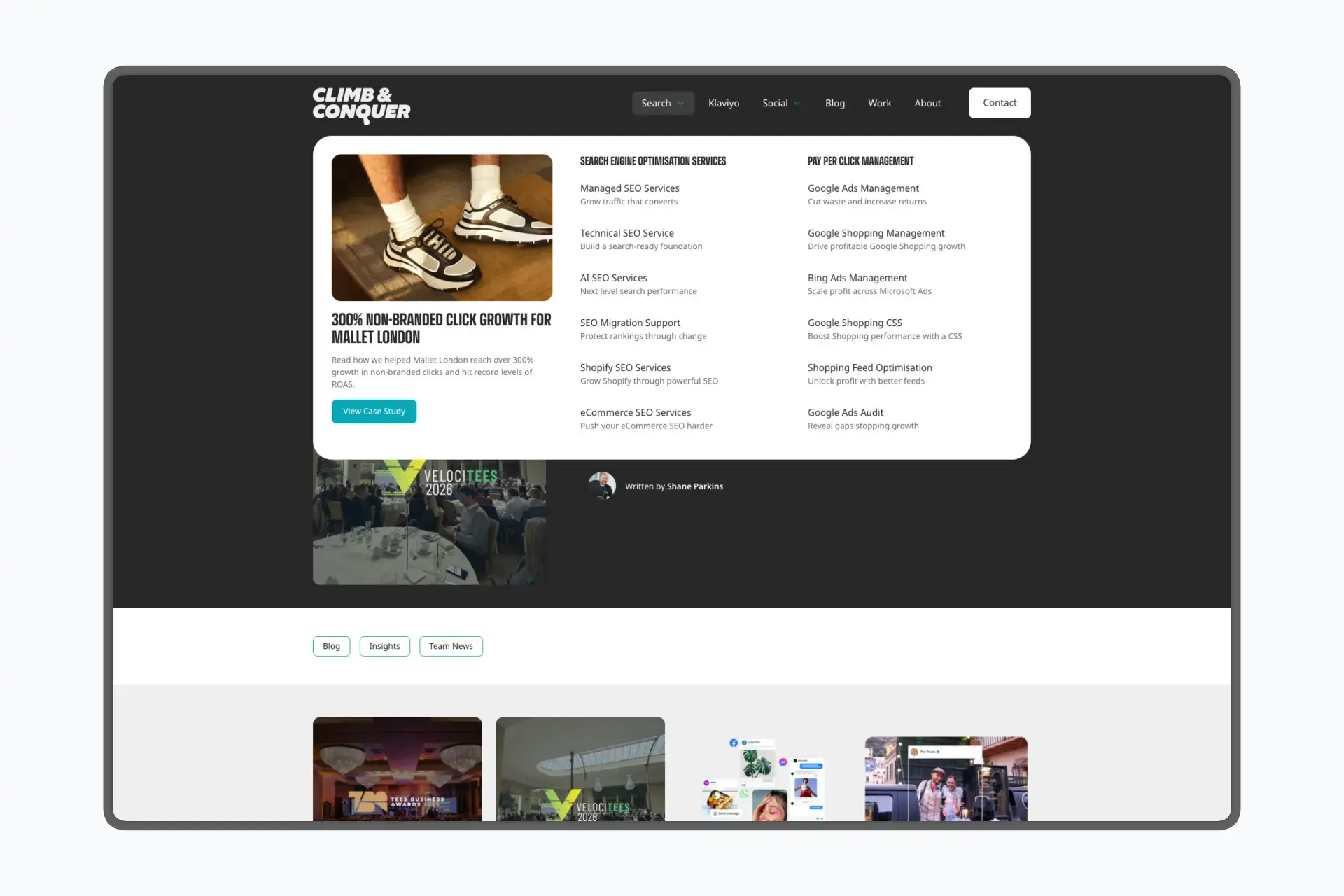 Expanded mega menu showing paid social services, social guides, and a featured Little Bumble case study with 108% revenue stat