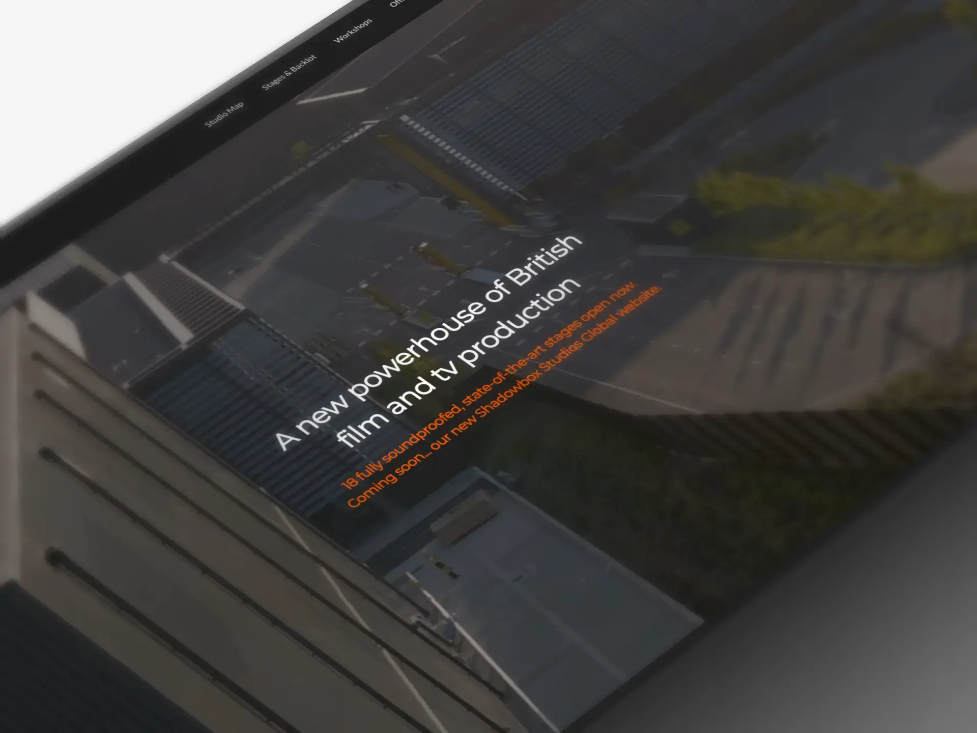 Shinefield Studios website featuring aerial view of film production facility with soundstage information