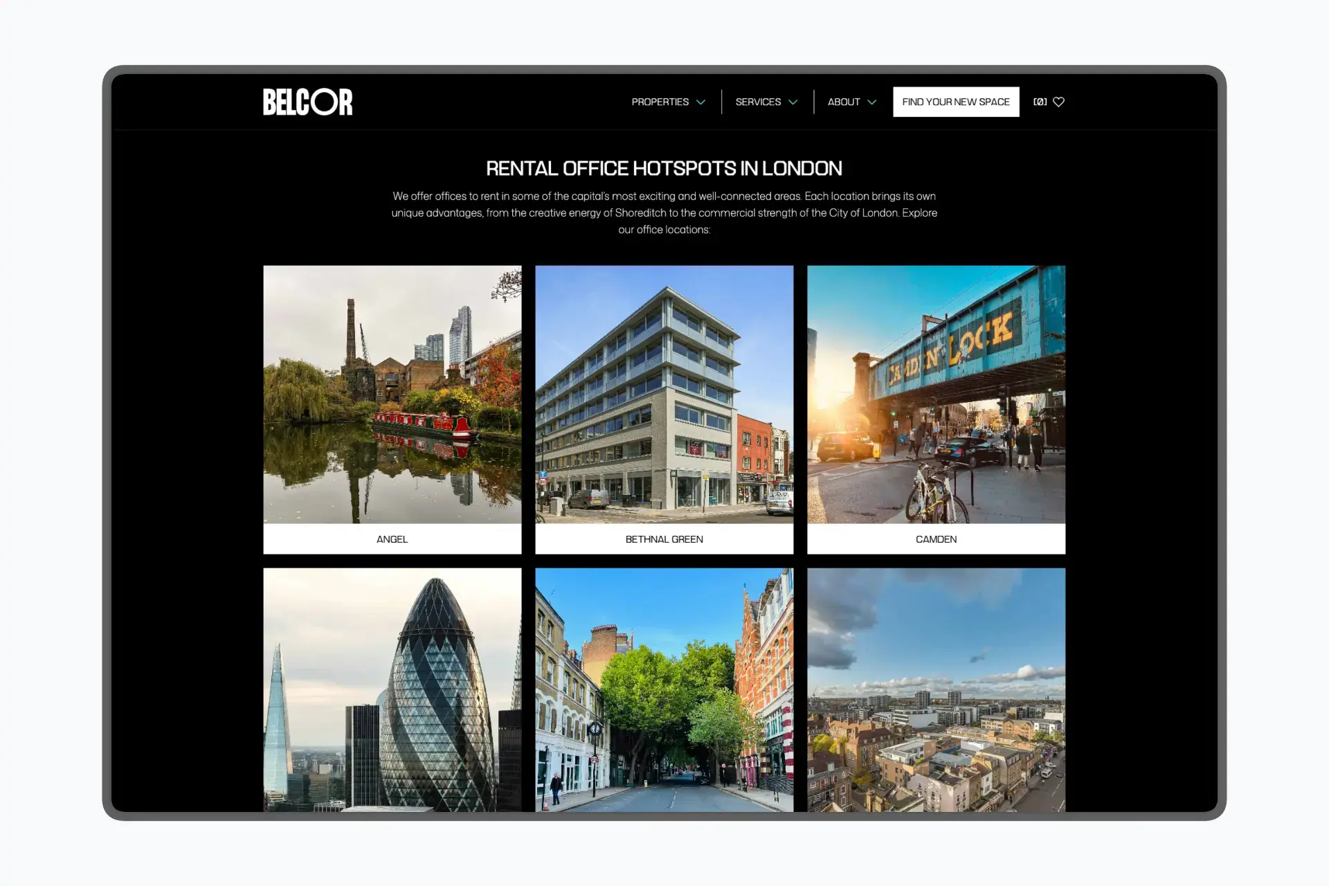 BELCOR rental office hotspots page showing London location cards for Angel, Bethnal Green, and Camden