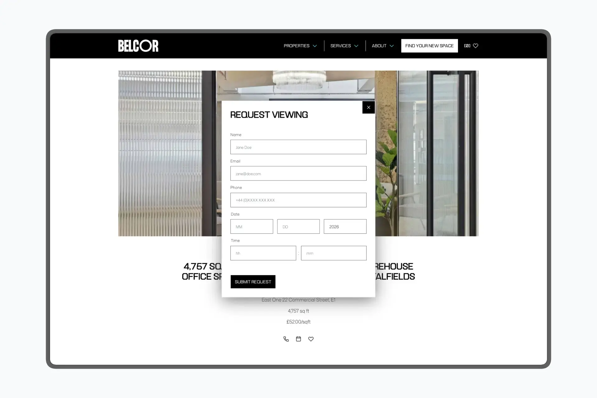 BELCOR single property page with request viewing modal overlay showing name, email, phone, date, and time fields