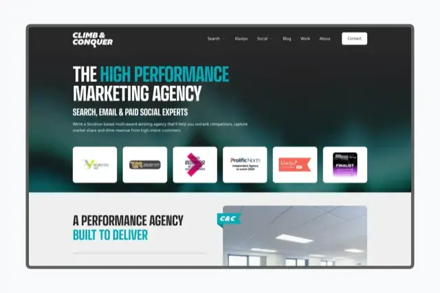SEO agency homepage with bold uppercase typography, teal aurora background, award badges, and office photography