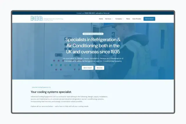 Industrial refrigeration company with blue-toned hero and engineer imagery