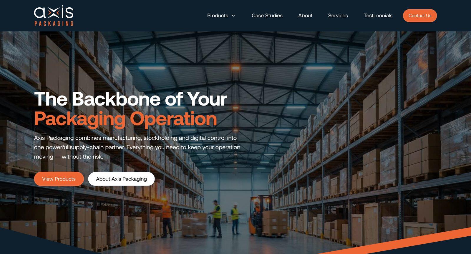 Axis Packaging’s homepage: “The backbone of your packaging operation” over a warehouse photo