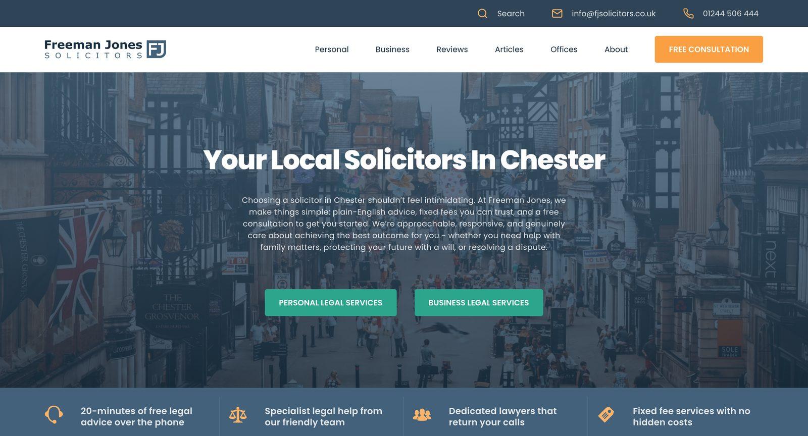 Freeman Jones Solicitors’ homepage: “Your local solicitors in Chester” over a photo of Chester