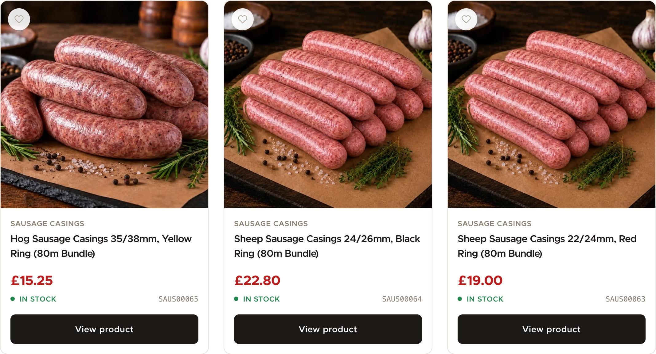 Sausage casing product cards from the W.R. Wright & Sons shop, with prices, stock and codes from Sage