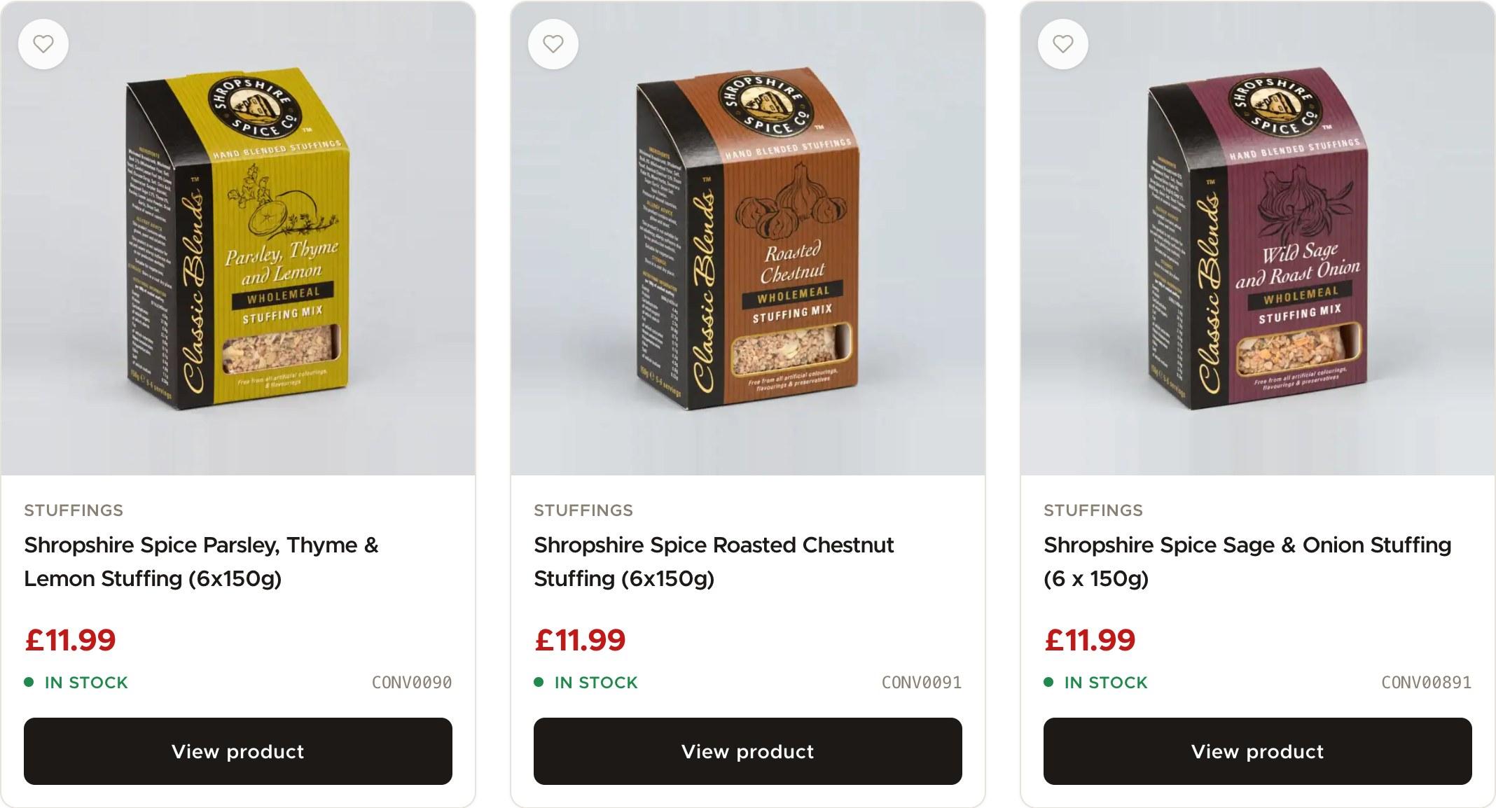 Shropshire Spice stuffing product cards from the W.R. Wright & Sons shop, with prices, stock and codes from Sage