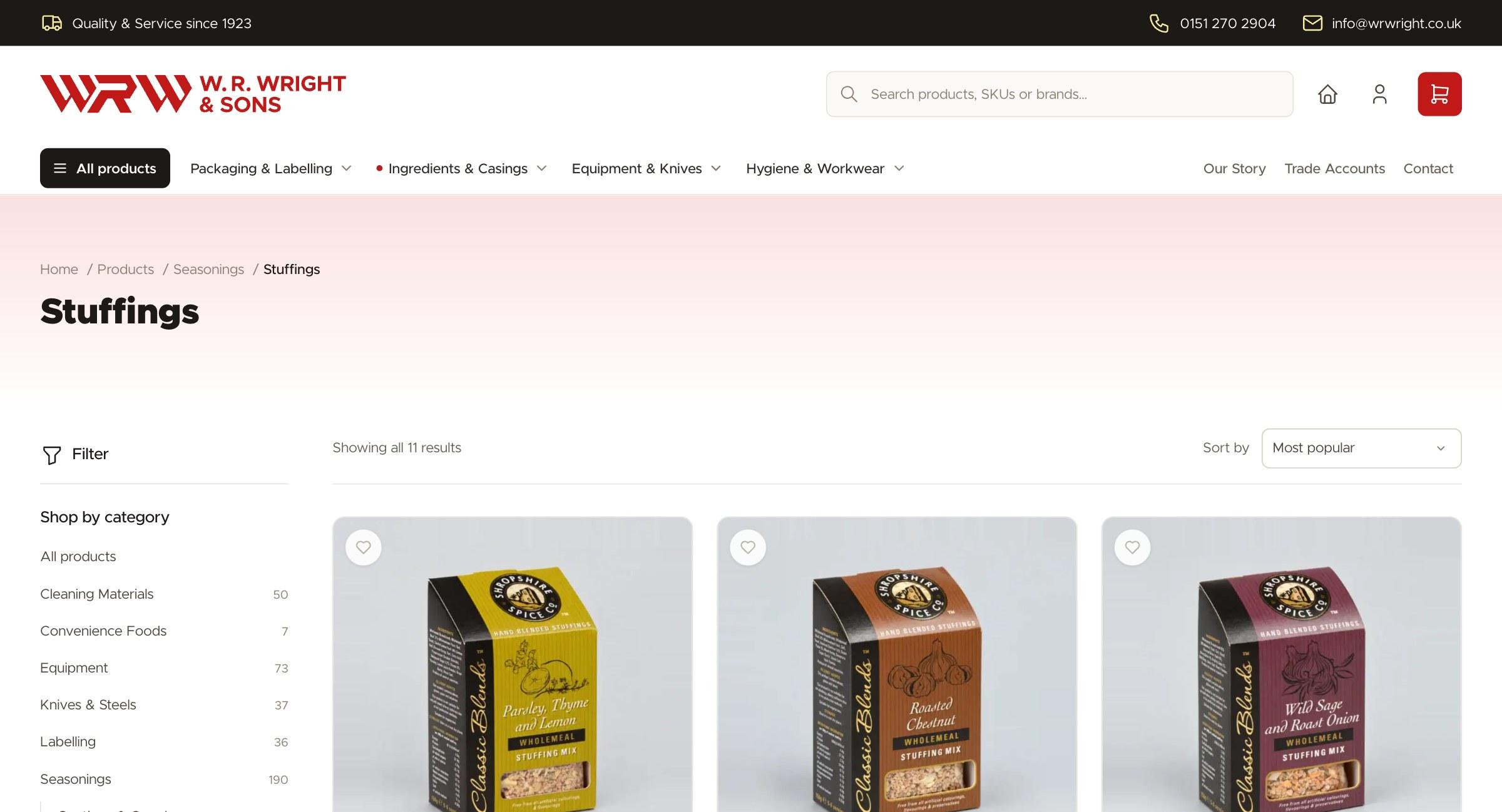 The Stuffings category on the W.R. Wright & Sons shop: the category tree and the first of 11 products