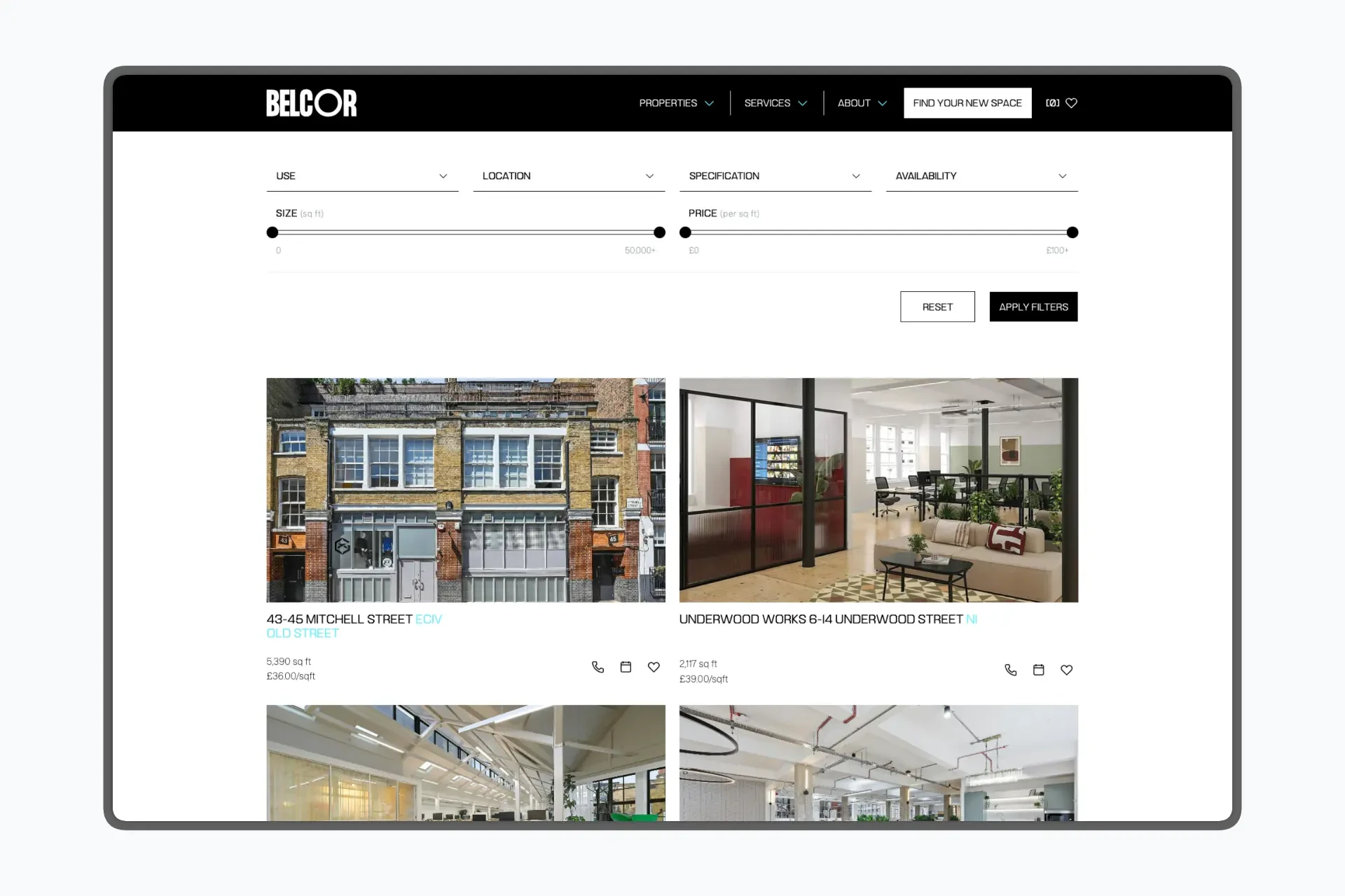 BELCOR property search page with use, location, specification, availability, size, and price filters above listing cards