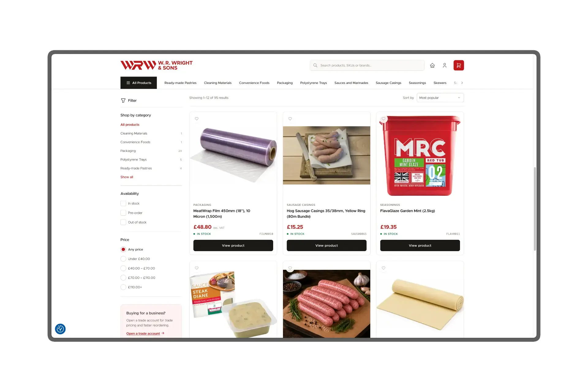 The W. R. Wright & Sons product listing page shown on a tablet frame, with category and price filters down the left and product cards for packaging, sausage casings and seasonings, each with price, stock status and SKU.